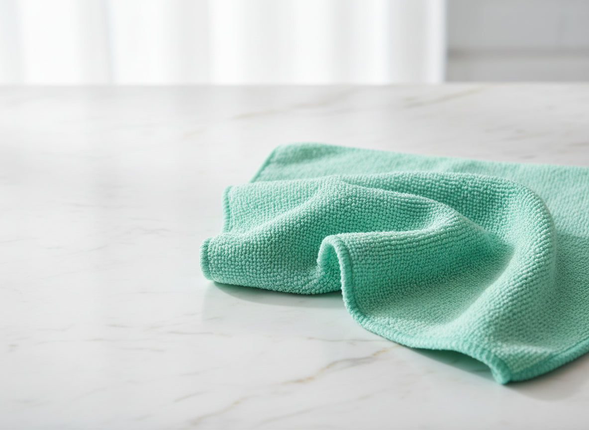 Bayeta de microfibra verde para limpieza sobre superficie de mármol.