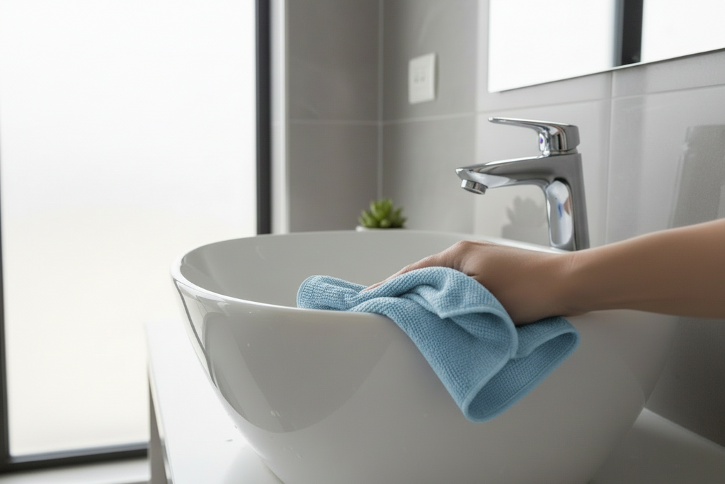 bayeta microfibra color azul utilizada para limpiar una pila de cuarto de baño moderno