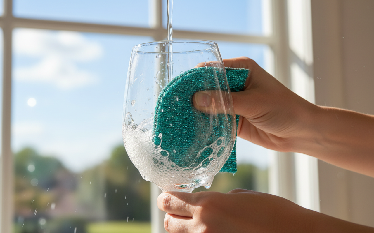 SE PUEDE VER EL ESTROPAJO UN POCO MEJOR Y QUE ESTE LIMPIANDO EL INTERIOR DE LA COPA 